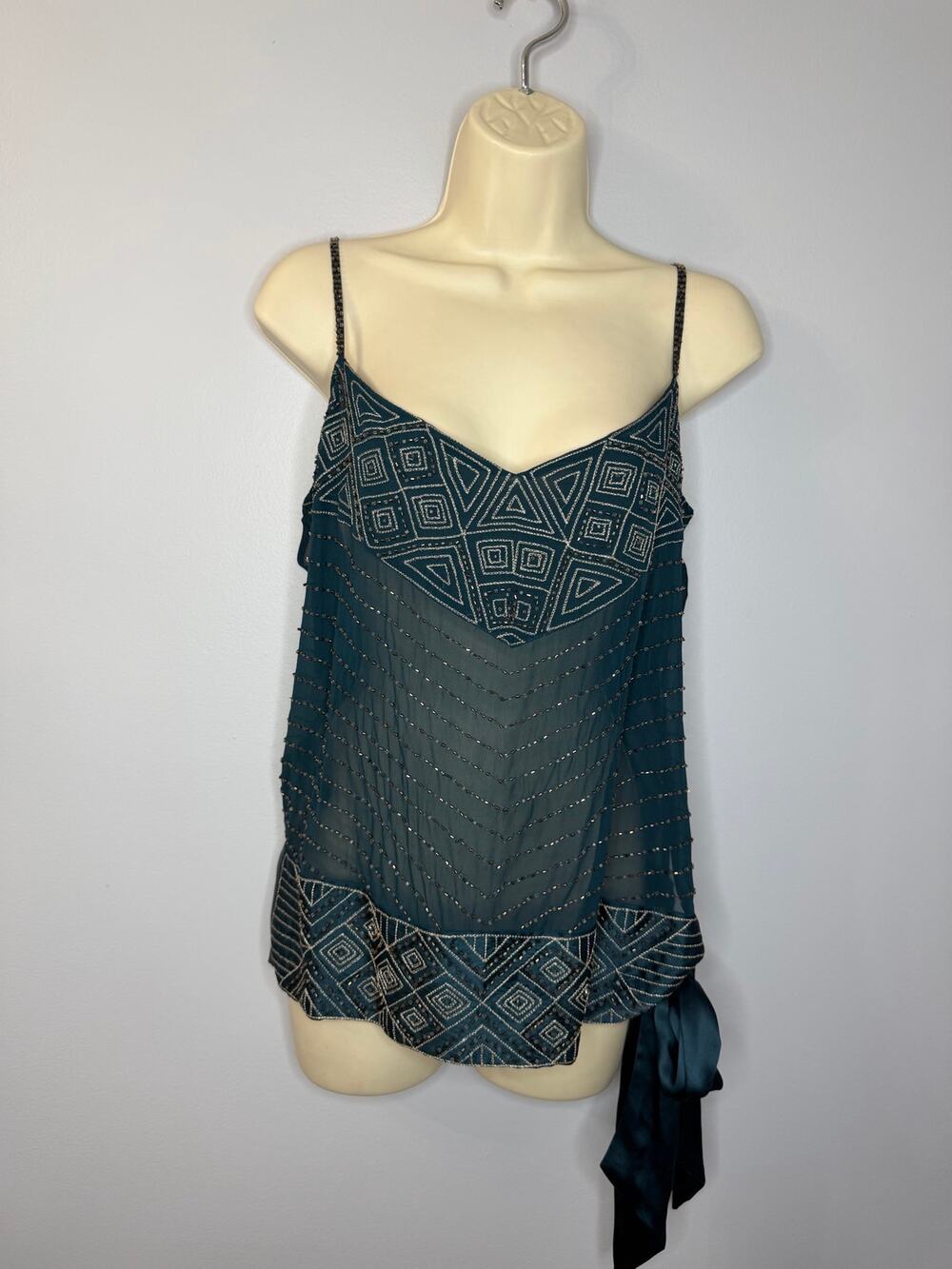 Vintage Y2K Bebe Silk Beaded Cami Top Tie Waist Green Sheer Women's L